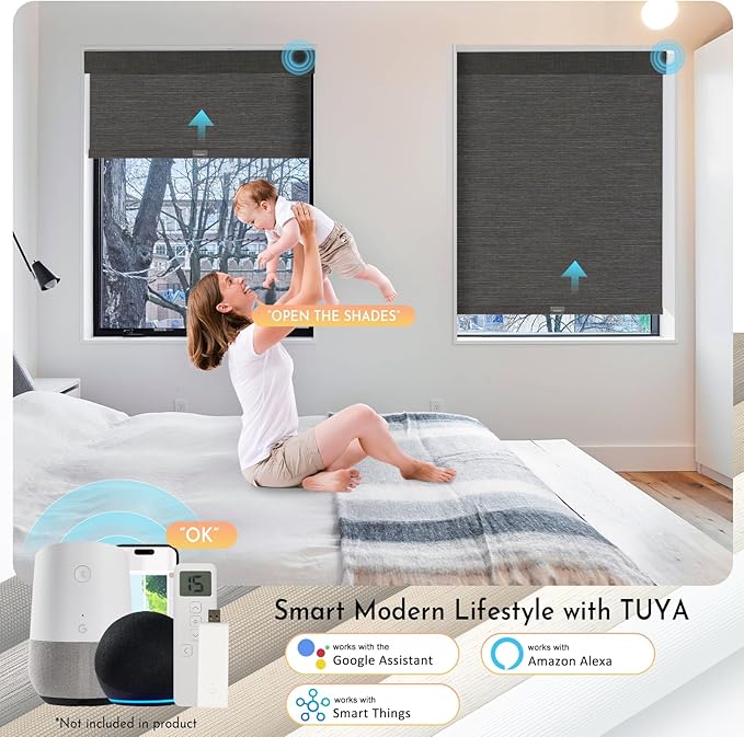 Persilux Smart Motorized Blinds with Remote, No Drill Automatic Roller Shades for Indoor Windows, Blackout Linen Fabric, Electric Blinds for Windows, Weave Blend Coal C162BO-8, Custom Size