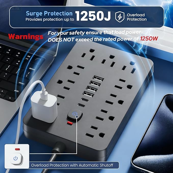 JouleLoom 15 FT Flat Plug Surge Protector Power Strip,11 Multiple AC Outlets with 6 USB Ports (2 USB C), 15 Feet Extension Cord, 1250W/10A, One Touch Switch Button, 17 in 1 Compact powerstrip