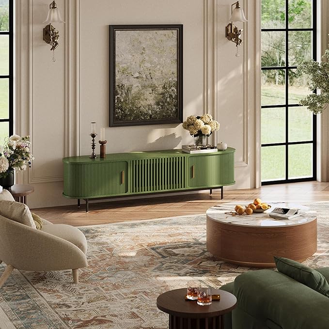 POVISON Fully-Assembled Modern Green TV Stand with Tambour Doors, Fluted TV Media Console for 100 Inch TVs, Sliding Door Entertainment Center with Storage for Living Room (Green, 118.11")