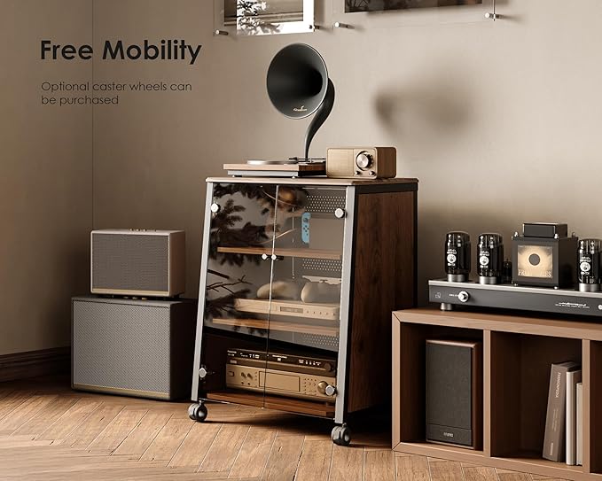 FITUEYES Design 4-Tier Media Stand with Brown Glass Doors Audio Rack with Adjustable Shelves Stereo Cabinet Protection Equipment for Vinyl Record Player Stereo Receivers Audio Gear, Eiffel Series