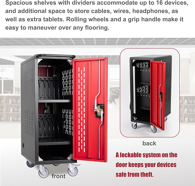 16 Device Mobile Charging Station for Laptops/Tablets/iPads/Chromebooks,16 Bay Lockable Charging Cabinet with Cable Management & Power Strip Included, School Charging Storage Carts,Easy Assembly