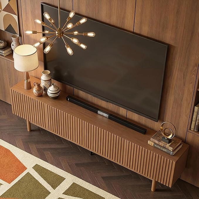 gaoyangjiaju 86.61" Wooden TV Cabinet with Open Shelving, Removable Divider and Cable Management (Pedestal 15.74" D x 86.61" W x 17.5" H) (Legs15.74 D x 86.61" W x21.14 H)