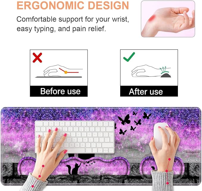 Ergonomic Keyboard Wrist Rest & Mouse Pad Wrist Rest Set, Large XXL Gaming Desk Mat 31.5"x 11.8" with Non-Slip Base, Memory Foam, Easy Typing Pain Relief for Home & Office, Black Cat and Butterfly