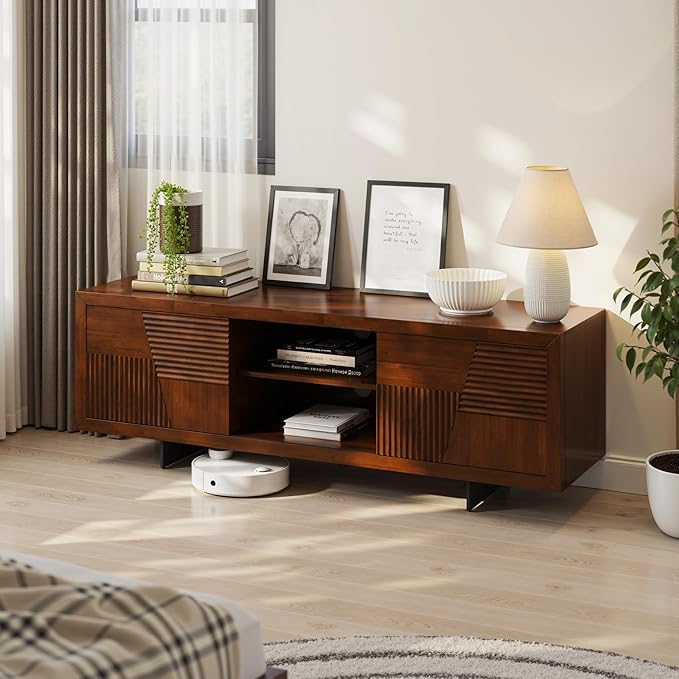 Trapeze TV Stand for Living Room – Wooden Media Console with Storage, Metal Legs, Large Walnut TV Stand for Stylish Home Entertainment Setup