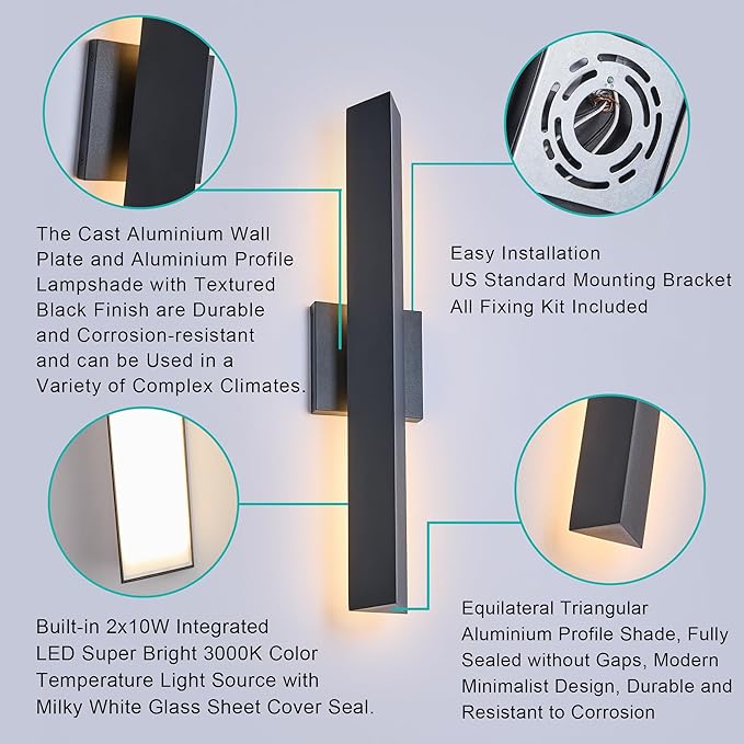 Tarentlight Modern Minimalist 20W LED Outdoor Wall Light, IP65 Waterproof, 1700 Lumens Warm White, Black Textured Aluminum & Frosted Glass, Wall-Mounted Porch Lights for Garage, Patio, Entryway