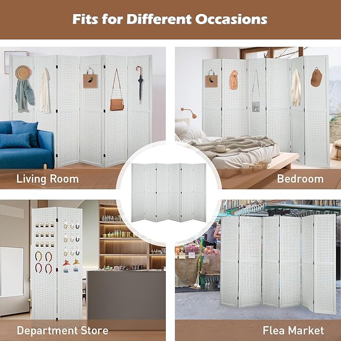 ECOMEX 6 Panel Room Divider, 5.6Ft Pegboard Display Wooden Room Divider Folding Privacy Screen Room Divider Freestanding Peg Board Display for Trade Show Craft Show Home Wall Organizer, Elegant White