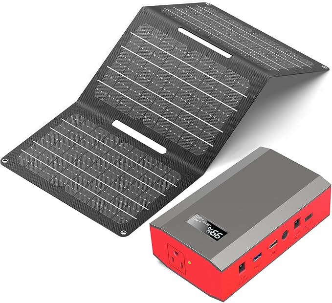 Portable Solar Power Bank with AC Outlet 65W 110V External Battery Pack, 23400mAh Portable Laptop Charger with Foldable Solar Panel 30W for Outdoor Smart Device Camping Hiking Trip Off Grid Backup