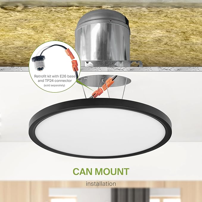 ASD LED 12" Round Flush Mount Ceiling Light Fixture, Low Profile Surface Lighting | 5CCT, Dimmable, Ultra-Thin, ETL Listed | 24W 2000LM 2700-6000K 100-277V | Kitchen, Hallway Lamp | Black, 4 Pack