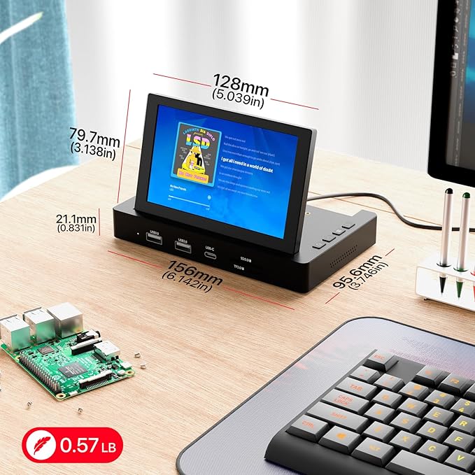 ROADOM 5'' Mini Monitor with Raspberry Pi Mount Holes & USB HUB, Type-C One-Cable Connection&Speakers, All-in-One Storage Dock, Pocket IPS Screen for PC monitoring/Gaming/AIDA64/Streaming Partner