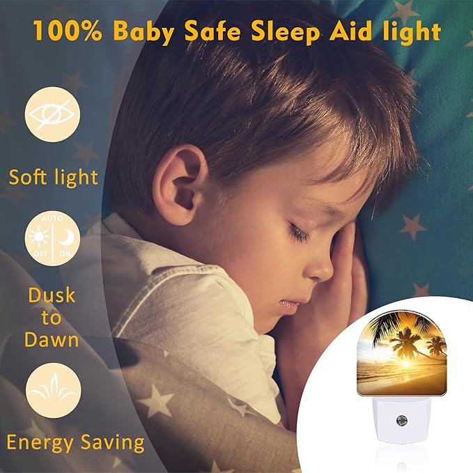 sndheke Tropical Ocean Beach Night Light, Palm Trees at Sunset Dusk to Dawn Night Light Plug in,0.5w Energy Saving Sleep Friendly NightLight for Kids Boys Girls Home Decor