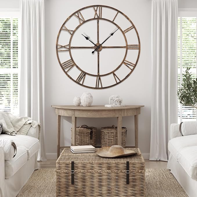 Ohweog Large Wall Clock for Living Room Decor – 48 Inch Silent Non-Ticking Modern Farmhouse Wall Clock, Oversized Decorative Metal Roman Numeral Clock, Bronze