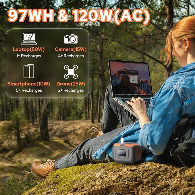 Portable Power Station with Foldable Solar Panel Charger 30W, 120W Camping Power Bank with AC Outlet, 110V Battery Pack for Laptop Smart Devices RV Outdoor Travel Hiking Fishing Power Outage Backup