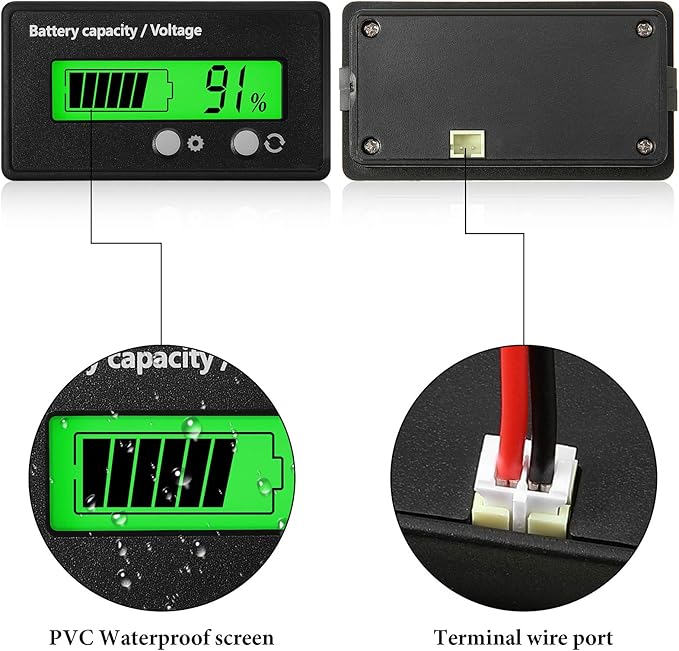 Frienda 2 Pieces Dc 12v 24v 36v 48v 60v 72v 84v Golf Cart Battery Meter with Alarm, Front Setting and Switch Key Battery Capacity Voltage Indicator Gauge Acid and Lithium Ion Indicator(Green)