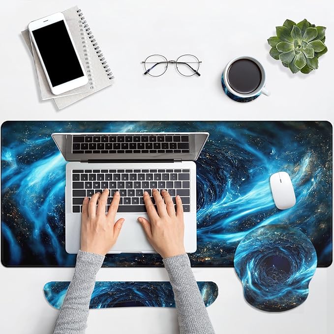 Britimes Blue Black Galaxy Keyboard Mouse Pad Set Desk Ma Space Abstract 4in1 Large Mousepad+Keyboard Wrist Rest+Mouse Wrist Rest+Coaster Ergonomic Design for Home Office Computer 35.4x15.7 inches