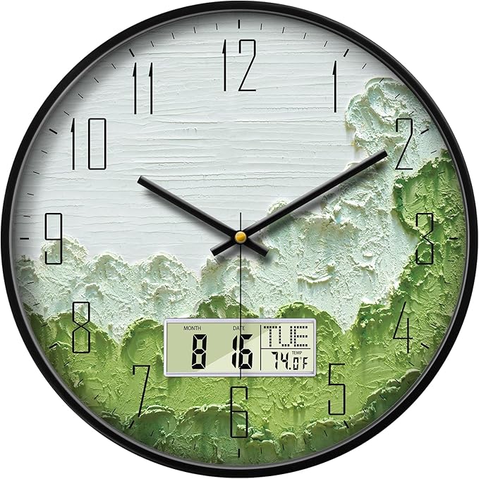 SCOAGE Modern Wall Clock with Temperature Green Forest Large Display Non-Ticking Battery Operated Clock with Date and Week for Kitchen Bedroom Living Room Farmhouse Decor 14 Inch