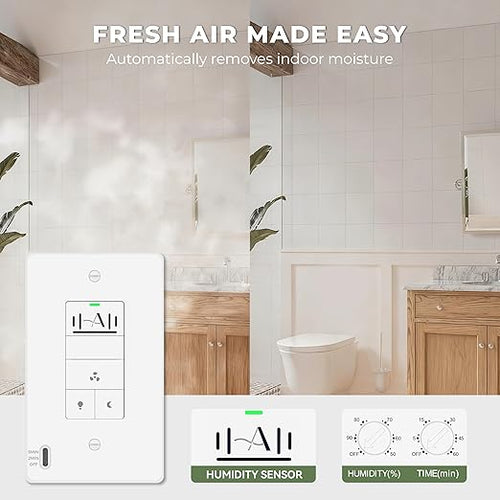 Akicon Humidity Sensor Switch with Motion-Activated Wall Plate, Bathroom Fan Timer Switch for Ventilation, Adjustable Humidity Settings, Fan and Light Control, ETL Listed, White