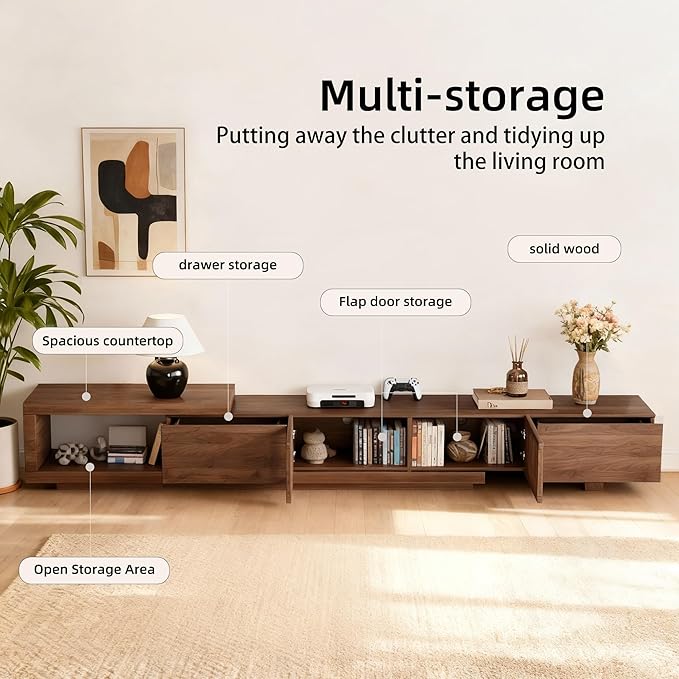 gaoyangjiaju 78.5"-105" Mid-Century Modern Extendable TV Stand, Walnut Media Console with 2 Drawers and 2 Cabinets, Fits TVs up to 100 Inches for Living Room or Bedroom