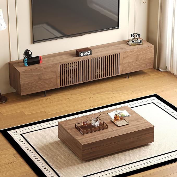 NessCarsti Mid-Century Modern TV Stand & Expandable Coffee Table Set, Walnut Finish, Stylish Storage Combo for Living Room or Bedroom (94.48“TV Stand+Coffee Table)