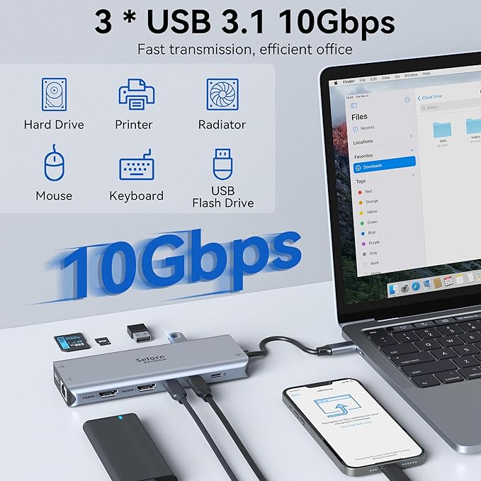 USB C Docking Station Dual Monitor, Selore 13-in-1 Triple Monitor with Dual HDMI, DP, 100W PD, Gigabit Ethernet, 10Gbps USB A/C Ports -Laptop Docking Stations for Dell, HP, Lenovo, MacBook