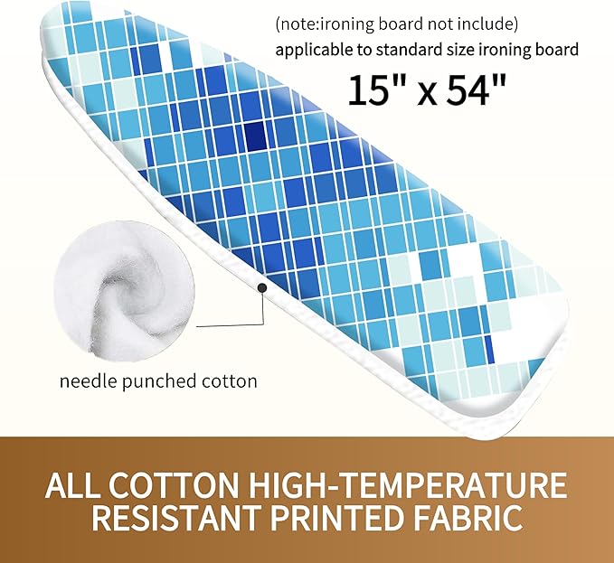 Bumkimue Ironing Board Cover and Pad, Standard Size 15x54 Inches, Blue Floral Pattern, Heavy Duty Padded, Elastic Edge, Scorch Resistant (Blue Geometry)