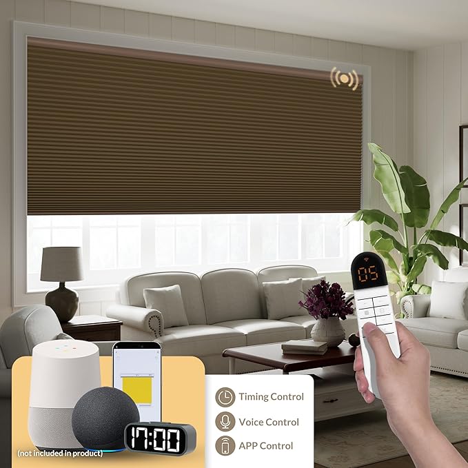 Boolegon No Drill Motorized Cellular Blinds with Remote Motorized Blackout Honeycomb Blinds for Indoor Windows Easy to Install Automatic Cellular Shades for Home,Blackout Dark Brown,Custom Size