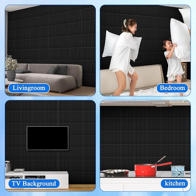 Nuanchu 32 Pcs 3D Slat Wall Panels 12 x 12 Inch PVC Fluted Textured Panel Cuttable Paintable DIY Wall Art Decorative Tiles for Ceiling Studio Bathroom Interior TV Background (Black)
