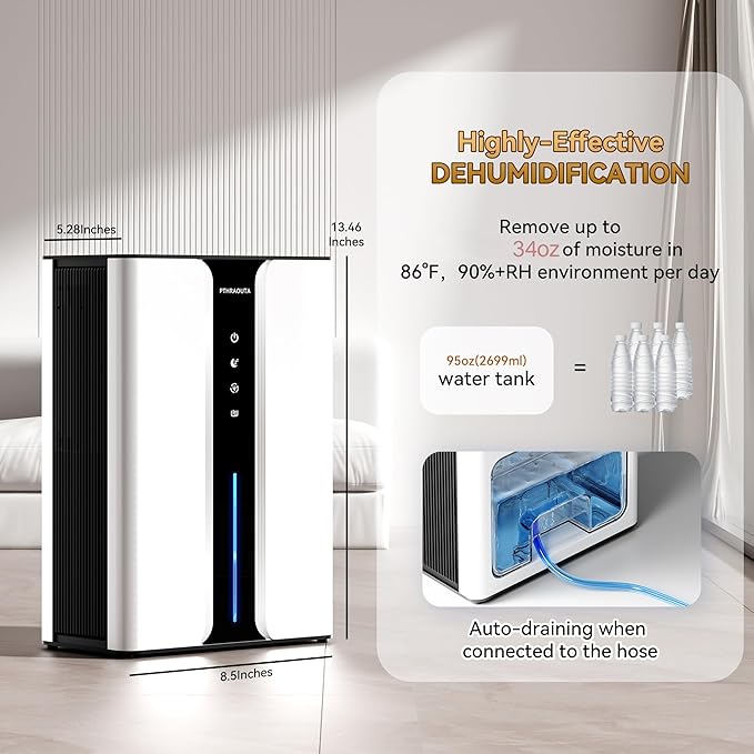 PTHRAOUTA Home Dehumidifier with Drain Hose, (950 sq.ft) 95oz Quiet dehumidifier for Bedroom Bathroom, with Air Reusable Filter Indoor deshumidificador for Basement RV Closet