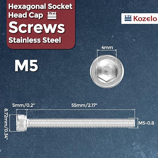 Kozelo 10pcs Socket Head Cap Screws - [M5-0.8 x 55mm] 304 Stainless Steel Allen Socket Drive for Electrical Motor 3D Printing Fan Engine Replacement Use, Silver