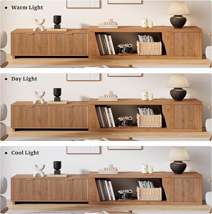 Epecoya Extendable TV Stand with Storage Cabinet Wooden, Mid Century Modern TV Stand with Adjustable Shelf and Drawers, Extra Long TV Stands for Living Room Fluted, Warm Brown Oak (64.57" W-98.43" W)