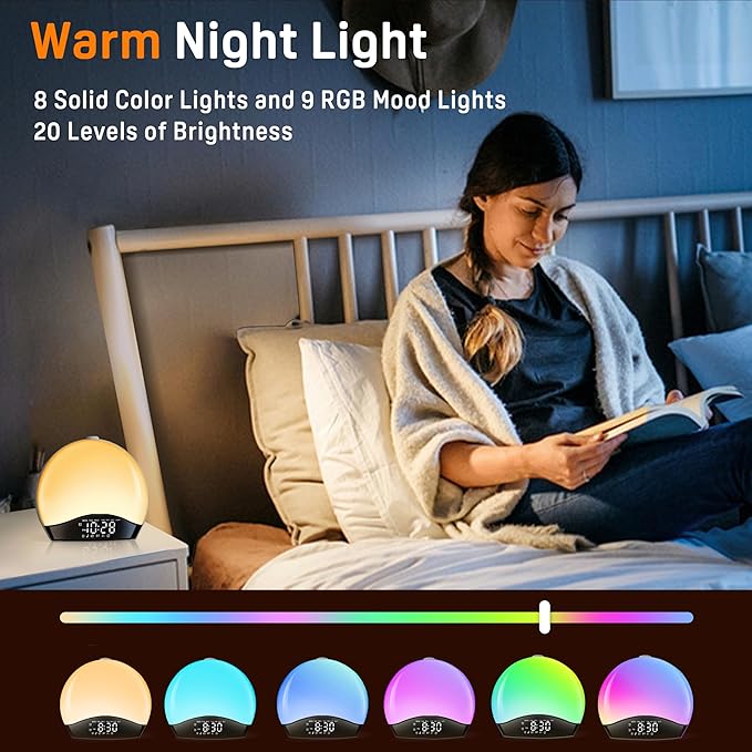 Wake Up Light Sunrise Alarm Clock for Kids, Heavy Sleepers, Bedroom, White Noise Sound Machine with 5W Stereo Bluetooth Speaker, 25 Natural Sounds, Dual Alarms, 17 Color Night Lights, Ideal for Gift