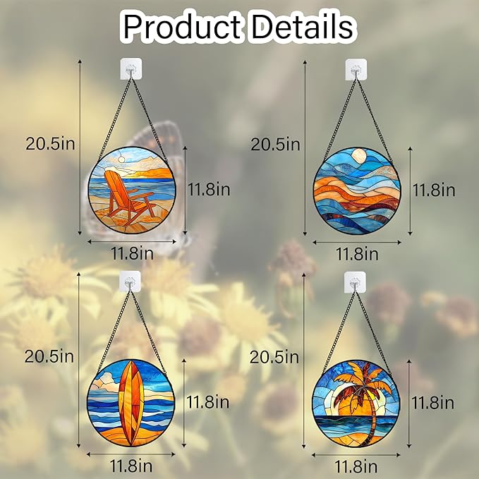 DASTOLL Stained Glass Window Hanging 4 Pcs Set Blue Orange Ocean Beach Theme Large 11.8" - Suncatcher Door Garden Sun Catcher Decor Birthday Christmas for Mom Woman Nana Men Wife
