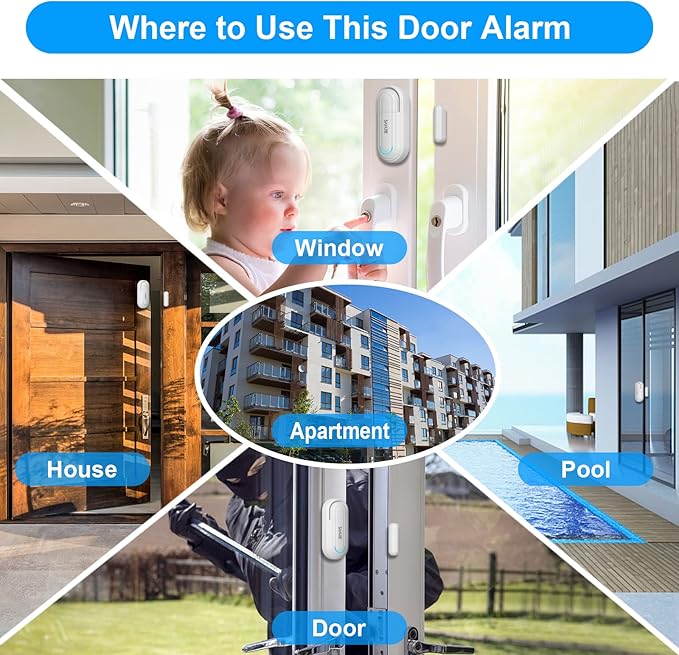SanJie Adjustable Volume Door Alarm Sensor for Home Security & Child Safety, 120dB Burglar Alarm with 4 Modes - Wireless Window & Entry Alert for Pool, Office, Shop, Business