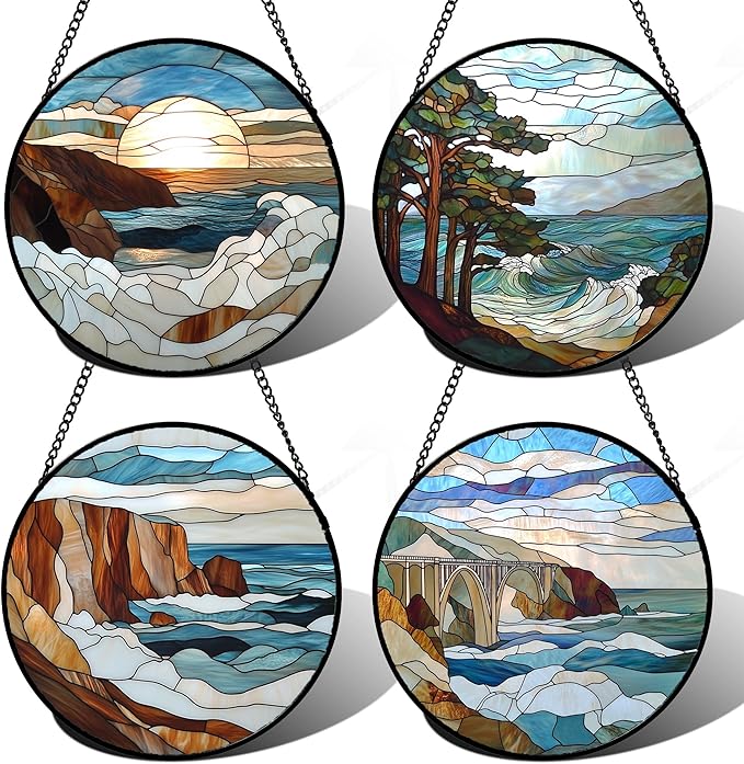 DASTOLL Stained Glass Window Hanging 4 Pcs Set Ocean Waves 9.8" - Blue and White Sea Suncatcher Door Garden Sun Catcher Decor Birthday Christmas for Mom Woman Nana Men