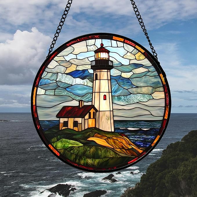 DASTOLL Stained Glass Window Hanging, Ocean Lighthouse Sun Catchers Glass Panel Blue Green Suncatcher Decor for Birthday for Women, Men, Wife, Aunt, and Mom 14.9x14.9 in
