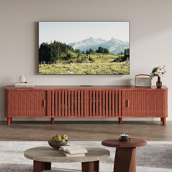 UPOSOJA TV Stand with Fluted Sliding Doors & Adjustable Shelves, Charging Station,RGB LED Lights,Media Console, 67 Inches, with Wire Management, for TVs up to 75 Inches