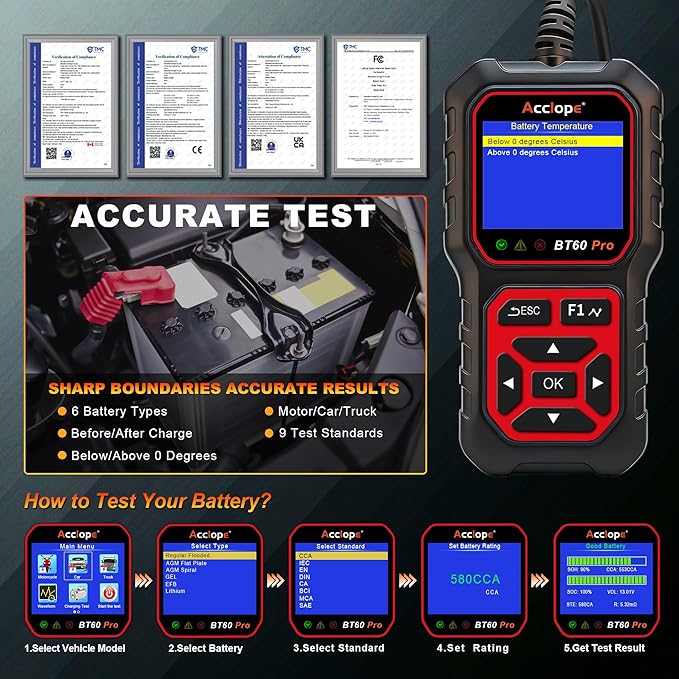Acclope BT60 Pro Car Battery Tester with Cloud Printing,100-3000 CCA, Digital Analyzer for 6V/12V/24V Batteries, AGM Lithium Gel Battery Checker, Automotive Alternator System