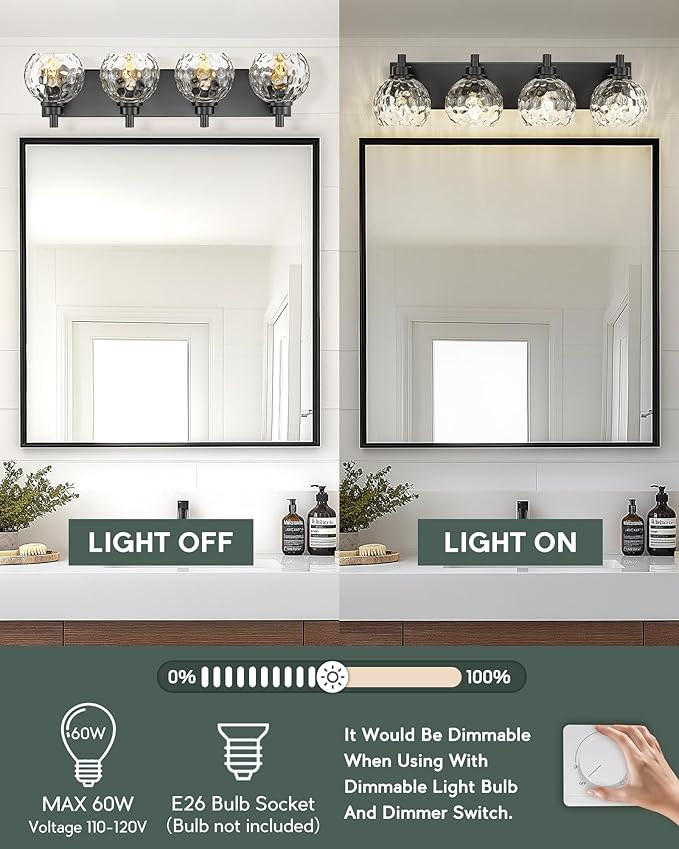 METWET Bathroom Light Fixtures Over Mirror, 26" Matte Black Vanity Light with Clear Hammered Glass Globe Shade, 4-Light Modern Sconces Wall Lighting for Bedroom Hallway, VL200-MB-CL-4