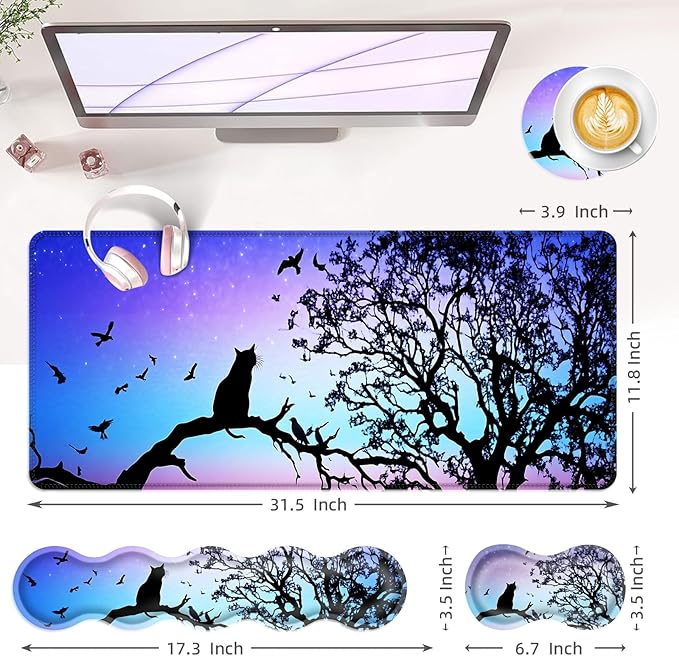 BFUKVOU Large Keyboard Mouse Pad Set, Extended Mouse Pad+Keyboard Wrist Rest Support, Memory Foam Ergonomic Easy Typing, 4Pcs (31.5×11.8 in) Desk Pad Set for Office Home,Black Cat Under Starry Night