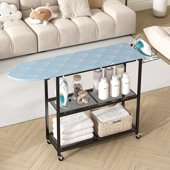 GILLAS Ironing Board with 2 Tier Storage Basket, Movable Ironing Board Full Size for Iron Rest & Clothes, Tabletop Ironing Boards, Ironing Stand Iron Boards Ironing Table Rustic Blue