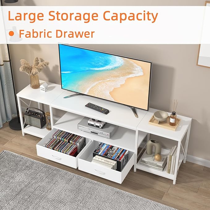 GYIIYUO TV Stand with Fabric Drawers for 55 60 65 Inches TV - Entertainment Center and Industrial TV Console Table with Open Storage Shelves for Living Room, Bedroom - 55.1" White