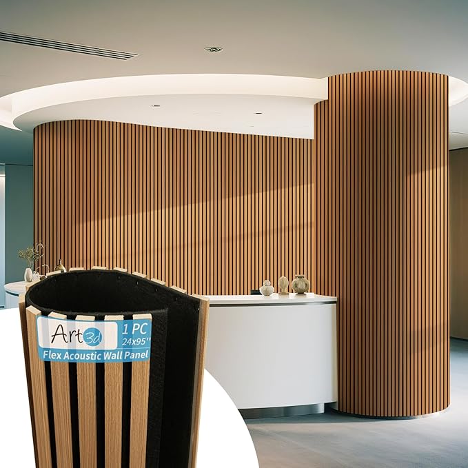 Art3d 1-Pack Acoustic Wood Slat Wall Panel with Roll-Flat Design - 95.3 x 23.8 Inch Sound Absorbing Panels for Living Room Columns Corridor Curved Wall Decor, Teak