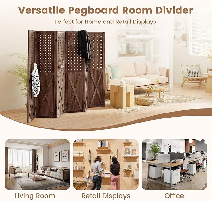 ALeesing 6 Panel Pegboard Room Divider, 5.6Ft Pegboard Display Folding Privacy Screens, Wood Room Divider Peg Board Display Freestanding for Trade Show Craft Show Home Wall Organizer, Brown
