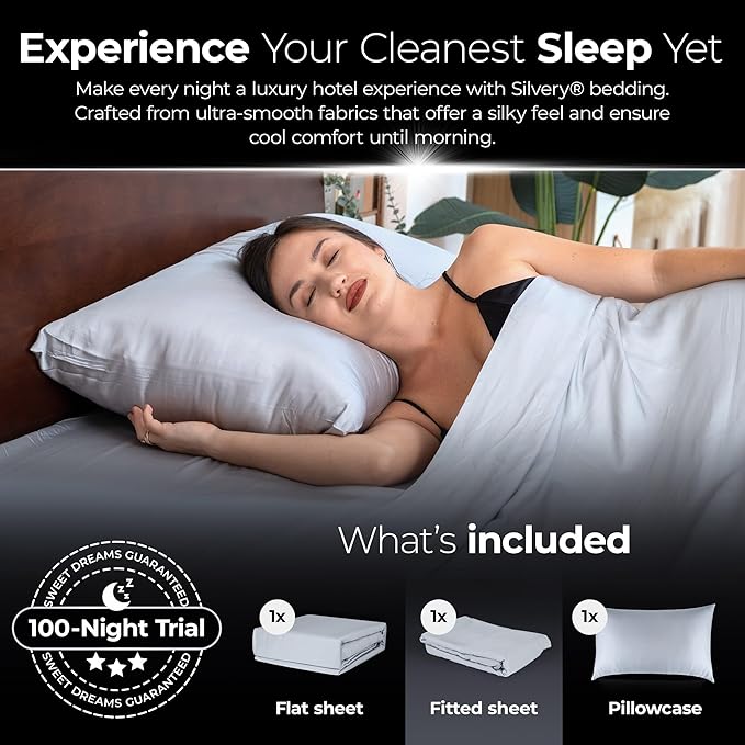 Silvery Silver Infused Bed Sheets Set - Award-Winning Self-Cooling Fabric with Self-Cleaning Silvery Technology™ That Stays Fresh 3X Longer for Hygienic Sleep (Gray, Twin)