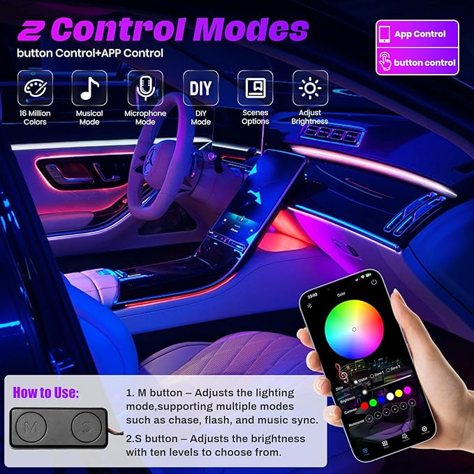 Acrylic Interior Car LED Strip Lights,Colorful 6-in-1 Car Ambient Lighting Kit, with Wireless APP Control, 622 LED Fiber Optic Strip Lights for Cars, Supports Neon Sync with Music DIY Mode.
