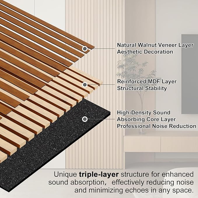QDYMXUN Wood Slat Acoustic Wall Panels, 4-Pack 94.5'' x 7.9'' 3D Fluted Sound Absorbing Paneling for Interior Accent Wall Decor, Living Room (Natural Walnut)