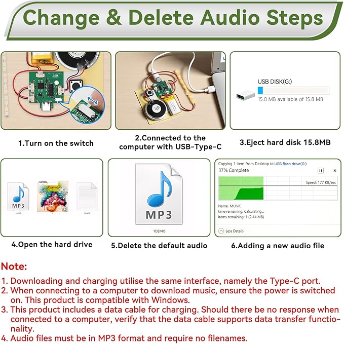 2PCS Customize Recording Module with LED Strip DIY Music Voice Recording Module Chip with Speaker,Type-C Cable,Capability16 Minutes Music for Personalized Greetings, Holiday Crafts Cards with Manual
