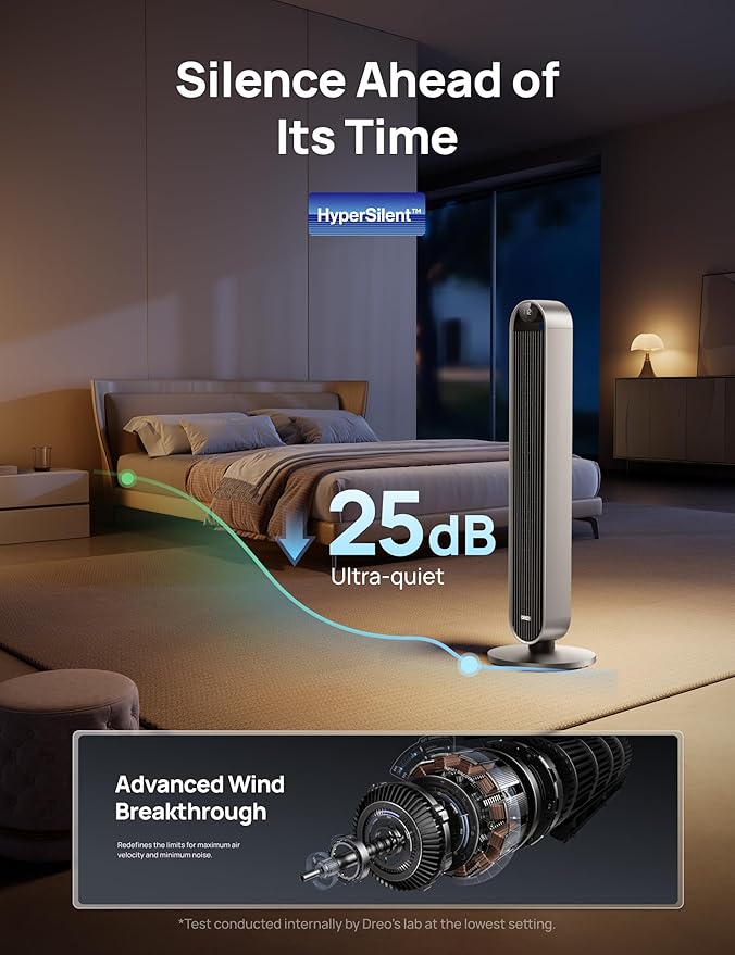 DREO Tower Fan for Bedroom, 42 Inch 120° Oscillating Fan, 25dB Quiet DC Motor, 28ft/s Velocity Bladeless Standing Fan with 12 Speeds, 4 Modes, 12H Timer Cooling Fans for Home, Living Room, Pilot Max S