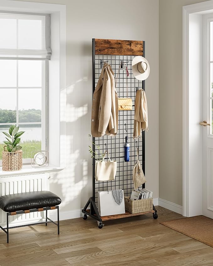 CHOEZON Grid Wall Panel, 2’ x 5.7’ Ft Floor Standing Gridwall Display Rack, Retail Display Stand, with 4 S-Shaped Hooks and 4 Garment Hooks for Entryway Kitchen Outdoor, Rustic Brown and Black TCJ27BF