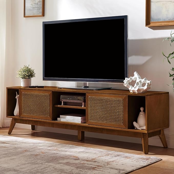 LKTART 68 Inch Mid Century Modern TV Stand with Rattan Doors, MCM Entertainment Center Media Console for 60/65/70/75 inch TVs, Long Boho Television Stand for Living Room, Light Walnut