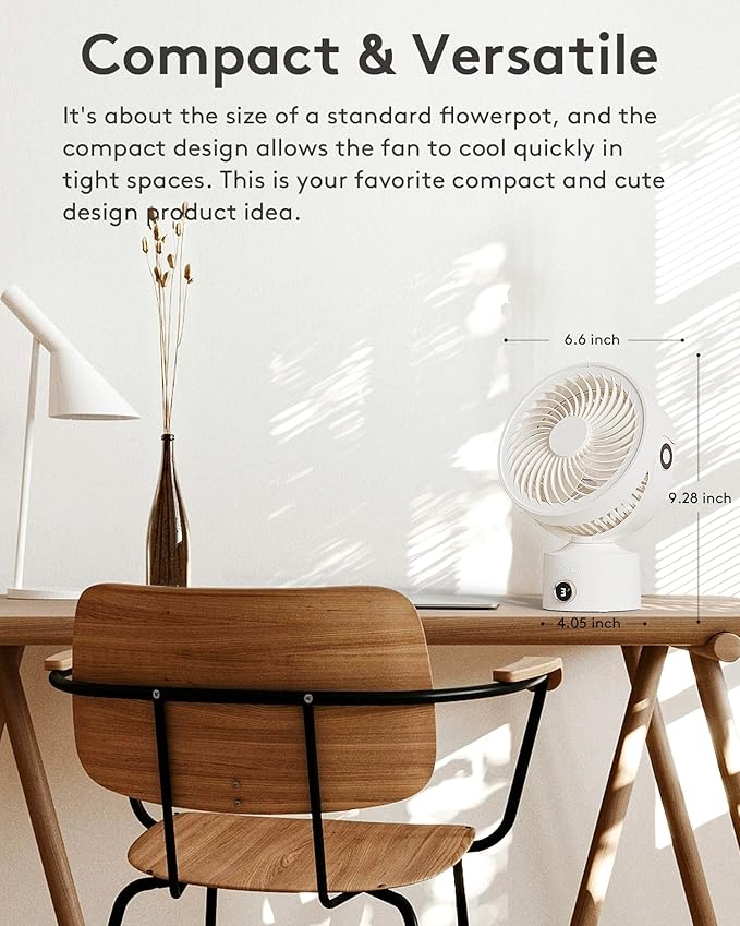 CARONSORT Small Desk Oscillating Fan, Table Air Circulator Fans for Bedroom, Rechargeable Battery Operated with 3 Speeds, Mini Fan 9 Inches, 90° Adjustable Tilt, 30 db Low Noise, White